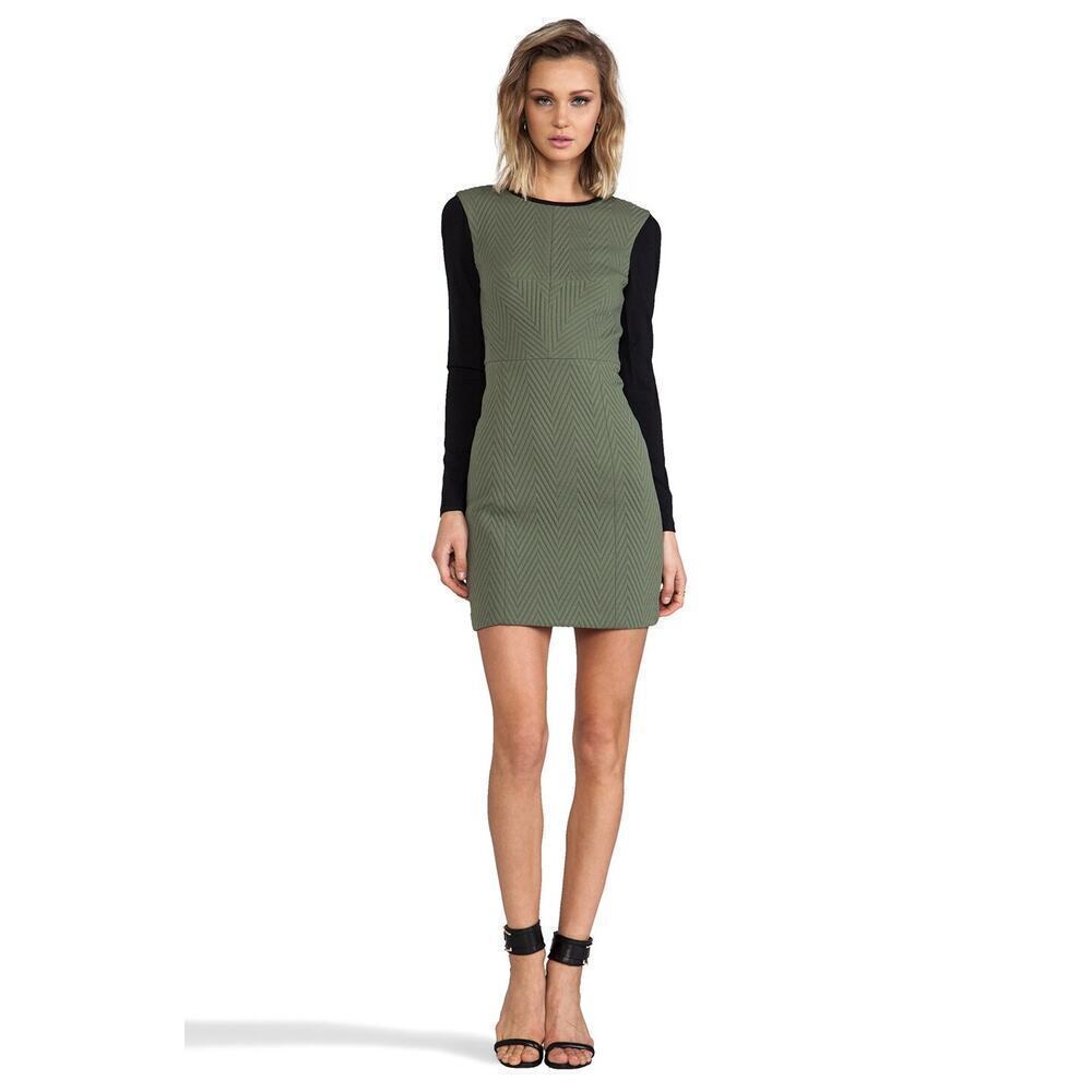 TIBI Quilted Zig Zag Fitted Dress in Olive/Black Multi Sheath Long Sleeve Size 6